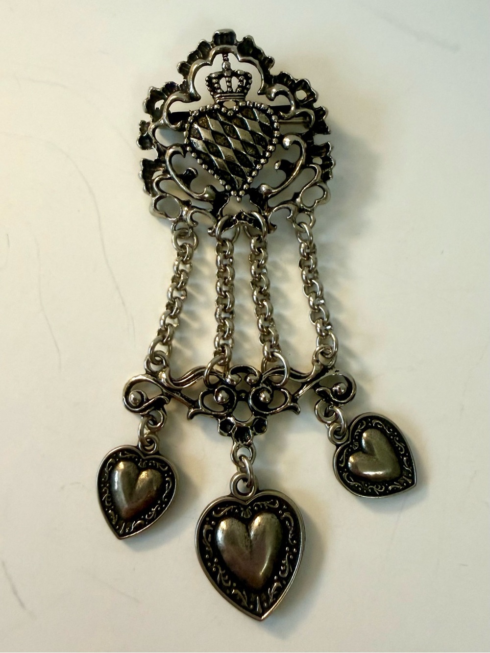 Chatelaine Style Heart and Crown Brooch